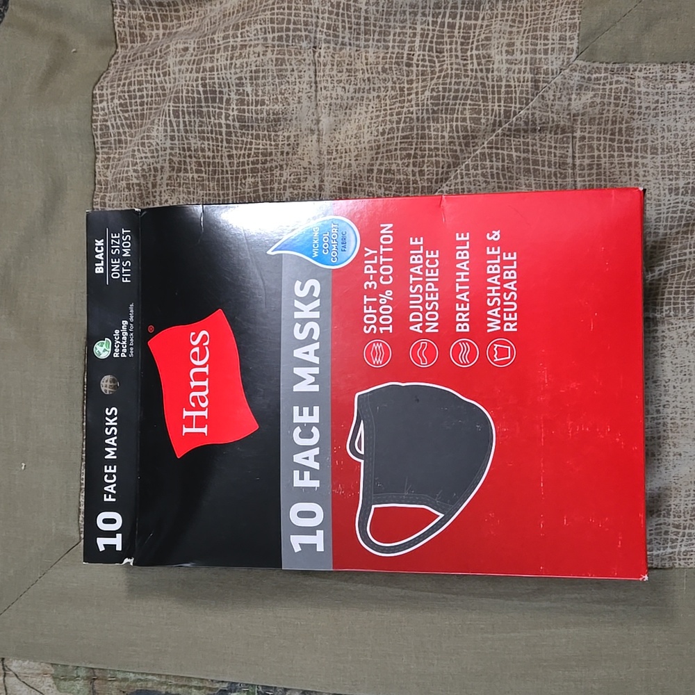 Hanes 10 Black 3Ply  Cotton Face Masks